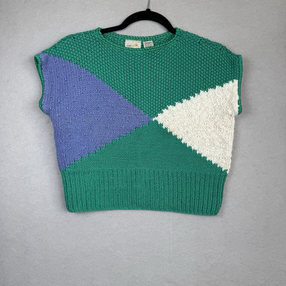 Vtg Liz Claiborne Womens 80s Colorblock Chunky Knit Short Sleeve Sweater Sz SP